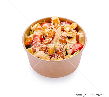 Chicken salad with croutons and cheese served in a brown bowl Chicken salad with croutons and cheese served in a brown bowl 139792459
