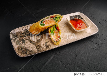 Different kinds of spring rolls served on plate with dipping sauce Different kinds of spring rolls served on plate with dipping sauce 139792519