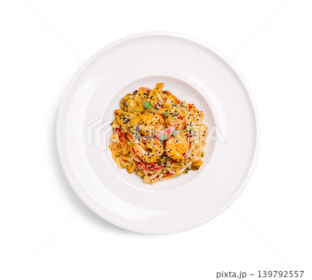 Shrimp pasta with sesame seeds on white plate Shrimp pasta with sesame seeds on white plate 139792557