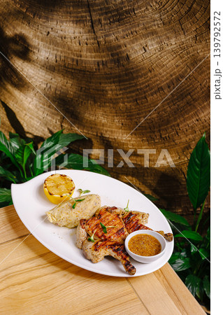 Grilled chicken dish served with sauce and lemon on a wooden table Grilled chicken dish served with sauce and lemon on a wooden table 139792572