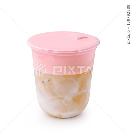 Plastic cup filled with iced coffee and pink lid on a white background Plastic cup filled with iced coffee and pink lid on a white background 139792589