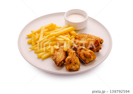 Fried chicken wings served with french fries and ranch dressing on a plate Fried chicken wings served with french fries and ranch dressing on a plate 139792594