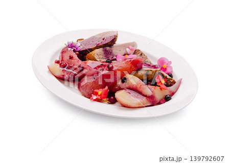 Duck breast with poached pear and berry sauce 139792607