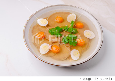 Beef tongue aspic with quail eggs and carrots Beef tongue aspic with quail eggs and carrots 139792614