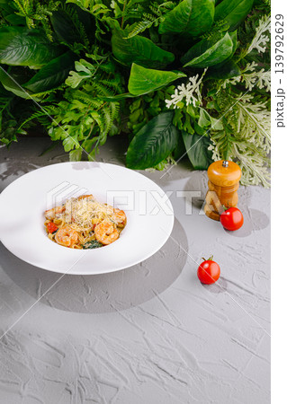 Chef presents a plate of shrimp pasta with fresh vegetables and herbs 139792629