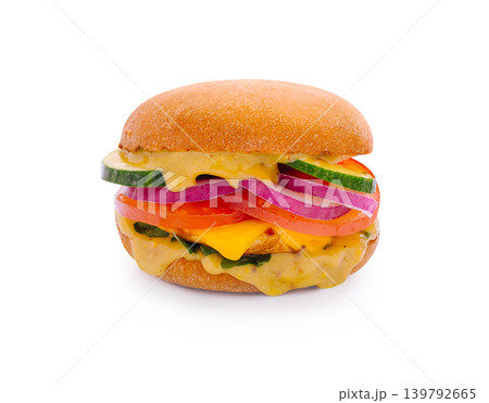 Freshly made sandwich with vegetables and cheese stacked neatly in bun 139792665