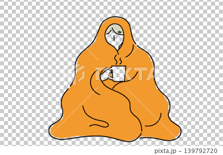 毛布にすっぽりくるまってマグカップを持つ女性 毛布にすっぽりくるまってマグカップを持つ女性 139792720