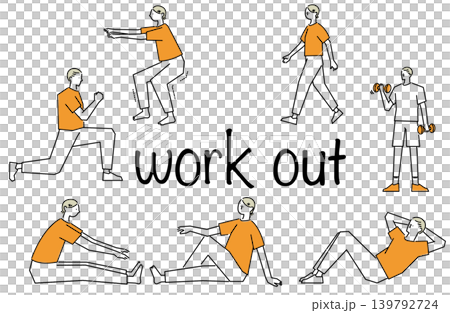 様々なワークアウトや筋トレをする人物のイラストセット 様々なワークアウトや筋トレをする人物のイラストセット 139792724