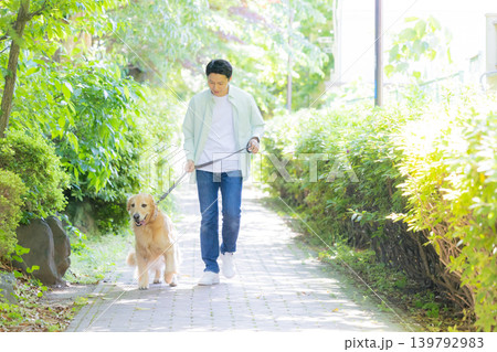 ペット　大型犬　お散歩をしているゴールデンレトリバーと男性 139792983
