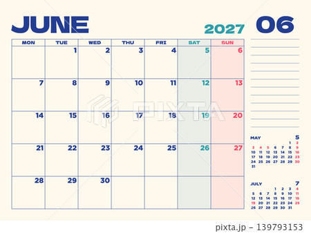 2027年卓上カレンダー：6月、日本の祝日入り、月曜始まり 139793153