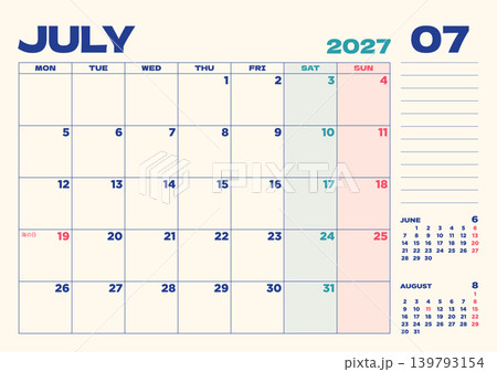 2027年卓上カレンダー：7月、日本の祝日入り、月曜始まり 139793154