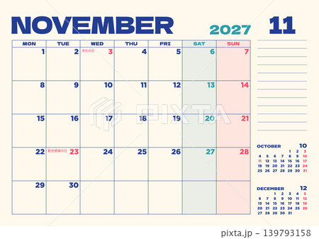 2027年卓上カレンダー:11月、日本の祝日入り、月曜始まり 2027年卓上カレンダー:11月、日本の祝日入り、月曜始まり 139793158