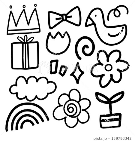 Doodle cartoon hand drawn line. Element of flower, plant, duck, ribbon, cloud and gift Doodle cartoon hand drawn line. Element of flower, plant, duck, ribbon, cloud and gift 139793342