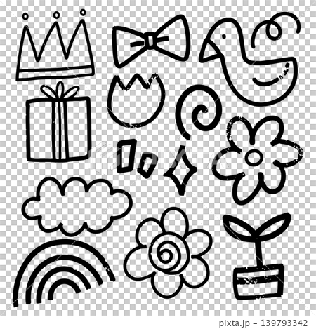 Doodle cartoon hand drawn line. Element of flower, plant, duck, ribbon, cloud and gift Doodle cartoon hand drawn line. Element of flower, plant, duck, ribbon, cloud and gift 139793342
