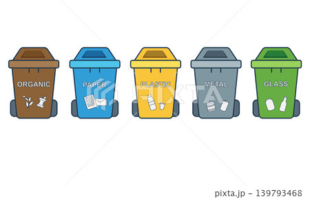 Waste sorting and recycling process infographic vector illustration. Garbage types recycling stages set: organic, plastic, glass, metal, and paper waste management in flat style. Waste sorting and recycling process infographic vector illustration. Garbage types recycling stages set: organic, plastic, glass, metal, and paper waste management in flat style. 139793468