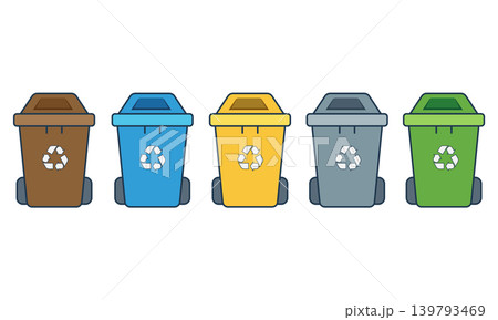 Waste sorting and recycling process infographic vector illustration. Garbage types recycling stages set: organic, plastic, glass, metal, and paper waste management in flat style. 139793469