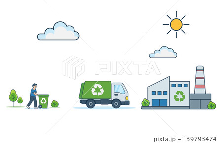 Waste sorting and recycling process infographic vector illustration. Garbage types recycling stages set: organic, plastic, glass, metal, and paper waste management in flat style. Waste sorting and recycling process infographic vector illustration. Garbage types recycling stages set: organic, plastic, glass, metal, and paper waste management in flat style. 139793474