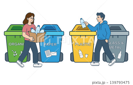 Waste sorting and recycling process infographic vector illustration. Garbage types recycling stages set: organic, plastic, glass, metal, and paper waste management in flat style. Waste sorting and recycling process infographic vector illustration. Garbage types recycling stages set: organic, plastic, glass, metal, and paper waste management in flat style. 139793475