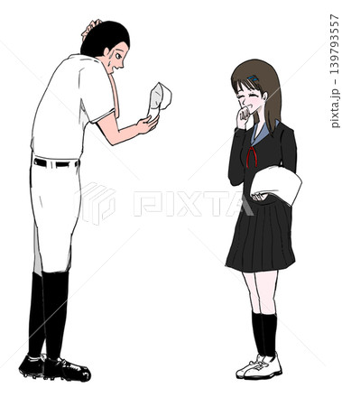 女子マネージャーに頭を下げる野球部員 女子マネージャーに頭を下げる野球部員 139793557