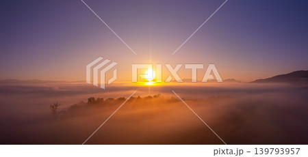 Aerial view amazing sunrise above the sea of mist in front Thi Lor Su waterfall. 139793957