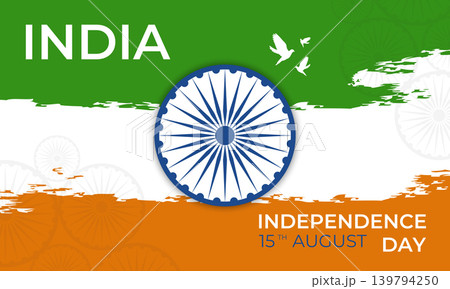 India Independence Day banner design with Ashoka chakra and doves on a tricolor background. Vector illustration 139794250