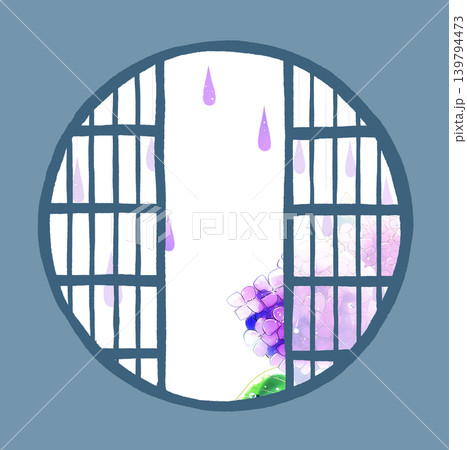 丸障子から見える紫陽花　雨 139794473