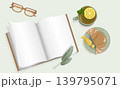 Minimalist Wellness Flat Lay Vector Open Book with Tea Cup Lemon Mint Fresh Croissant Glasses and Sage Herb for Cozy Morning Routine Branding Asset 139795071