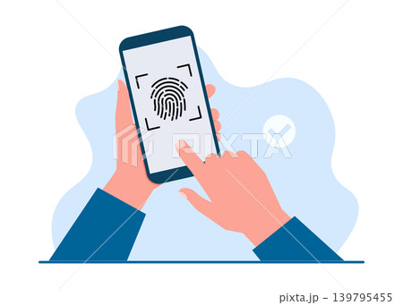 Hand holding smartphone with biometric fingerprint scan stock illustration. Hand holding smartphone with biometric fingerprint scan stock illustration. 139795455