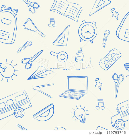 Seamless pattern with blue doodle school supplies and stationery on light beige background Seamless pattern with blue doodle school supplies and stationery on light beige background 139795746