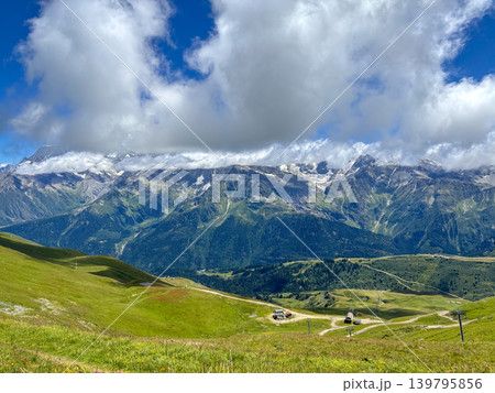Mont Blanc massif view from alpine pastures of Les Contamines-Montjoie, France Mont Blanc massif view from alpine pastures of Les Contamines-Montjoie, France 139795856