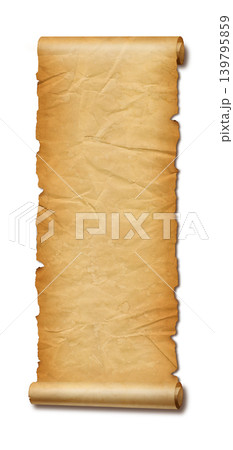 Old crumpled mediaeval Parchment paper scroll isolated on white Old crumpled mediaeval Parchment paper scroll isolated on white 139795859