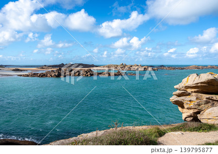 Granite islands and blue waters near Tregastel, Brittany, France 139795877