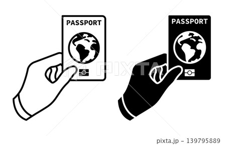 Linear icon. Passenger presents a foreign citizens passport at the customs control counter. Simple black and white vector symbol isolated on white background Linear icon. Passenger presents a foreign citizens passport at the customs control counter. Simple black and white vector symbol isolated on white background 139795889