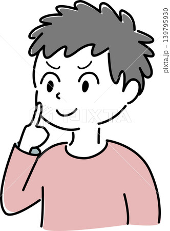 頬に指を当てた笑顔の男性のシンプル イラスト (ポイント・やる気・気づき・発見・ 笑顔・人物) 頬に指を当てた笑顔の男性のシンプル イラスト (ポイント・やる気・気づき・発見・ 笑顔・人物) 139795930