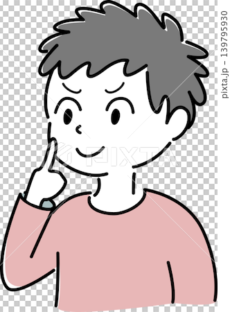 頬に指を当てた笑顔の男性のシンプル イラスト (ポイント・やる気・気づき・発見・ 笑顔・人物) 頬に指を当てた笑顔の男性のシンプル イラスト (ポイント・やる気・気づき・発見・ 笑顔・人物) 139795930