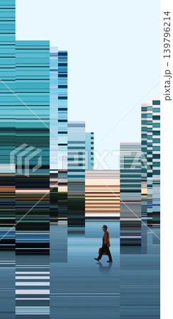 Stylish man walking alone through blue abstract city corridor Stylish man walking alone through blue abstract city corridor 139796214