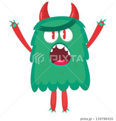 Cartoon scary monster with funny face expression waving hands . Vector illustration isolated on white. Halloween design Cartoon scary monster with funny face expression waving hands . Vector illustration isolated on white. Halloween design 139796420