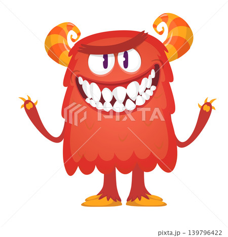 Cartoon scary monster with funny face expression waving hands . Vector illustration isolated on white. Halloween design Cartoon scary monster with funny face expression waving hands . Vector illustration isolated on white. Halloween design 139796422