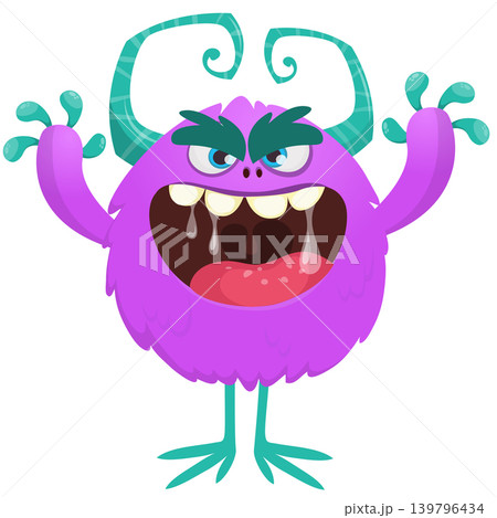 Cartoon scary monster with funny face expression waving hands . Vector illustration isolated on white. For Halloween party decoration or package design 139796434