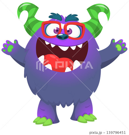 Cartoon scary monster with funny face expression waving hands . Vector illustration isolated on white. For Halloween party decoration or package design Cartoon scary monster with funny face expression waving hands . Vector illustration isolated on white. For Halloween party decoration or package design 139796451