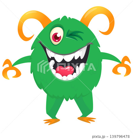 Cartoon scary monster with funny face expression waving hands . Vector illustration isolated on white. For Halloween party decoration or package design 139796478