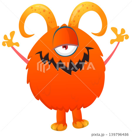 Cartoon scary monster with funny face expression waving hands . Vector illustration isolated on white. For Halloween party decoration or package design 139796486