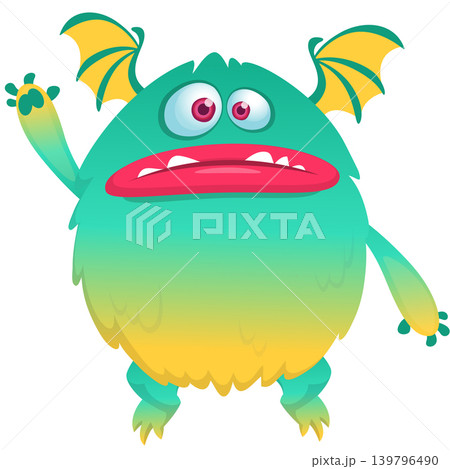 Cartoon scary monster with funny face expression waving hands . Vector illustration isolated on white. For Halloween party decoration or package design Cartoon scary monster with funny face expression waving hands . Vector illustration isolated on white. For Halloween party decoration or package design 139796490
