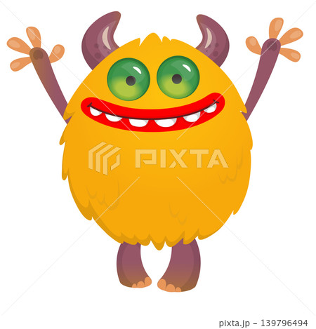 Cartoon scary monster with funny face expression waving hands . Vector illustration isolated on white. For Halloween party decoration or package design Cartoon scary monster with funny face expression waving hands . Vector illustration isolated on white. For Halloween party decoration or package design 139796494