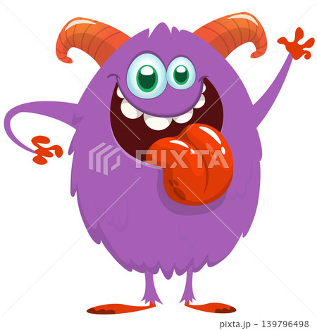 Cartoon scary monster tongue out waving hands. Vector illustration isolated on white. For Halloween party decoration or package design Cartoon scary monster tongue out waving hands. Vector illustration isolated on white. For Halloween party decoration or package design 139796498