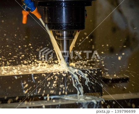 CNC milling machine processing on steel with cooling, coolant milk in the metal CNC milling machine processing on steel with cooling, coolant milk in the metal 139796699