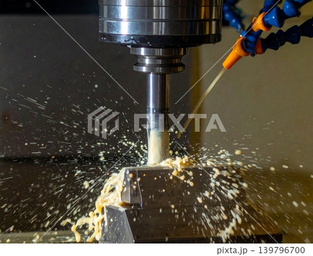 CNC milling machine processing on steel with cooling, coolant milk in the metal CNC milling machine processing on steel with cooling, coolant milk in the metal 139796700