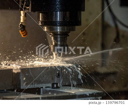 CNC milling machine processing on steel with cooling, coolant milk in the metal CNC milling machine processing on steel with cooling, coolant milk in the metal 139796701