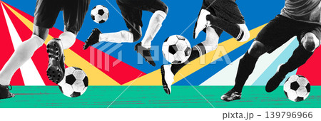 Soccer players legs and balls on bright geometric panoramic sports banner 139796966