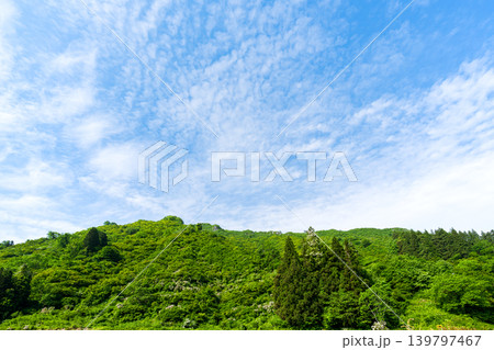 広角で捉えた新緑の山岳風景 139797467